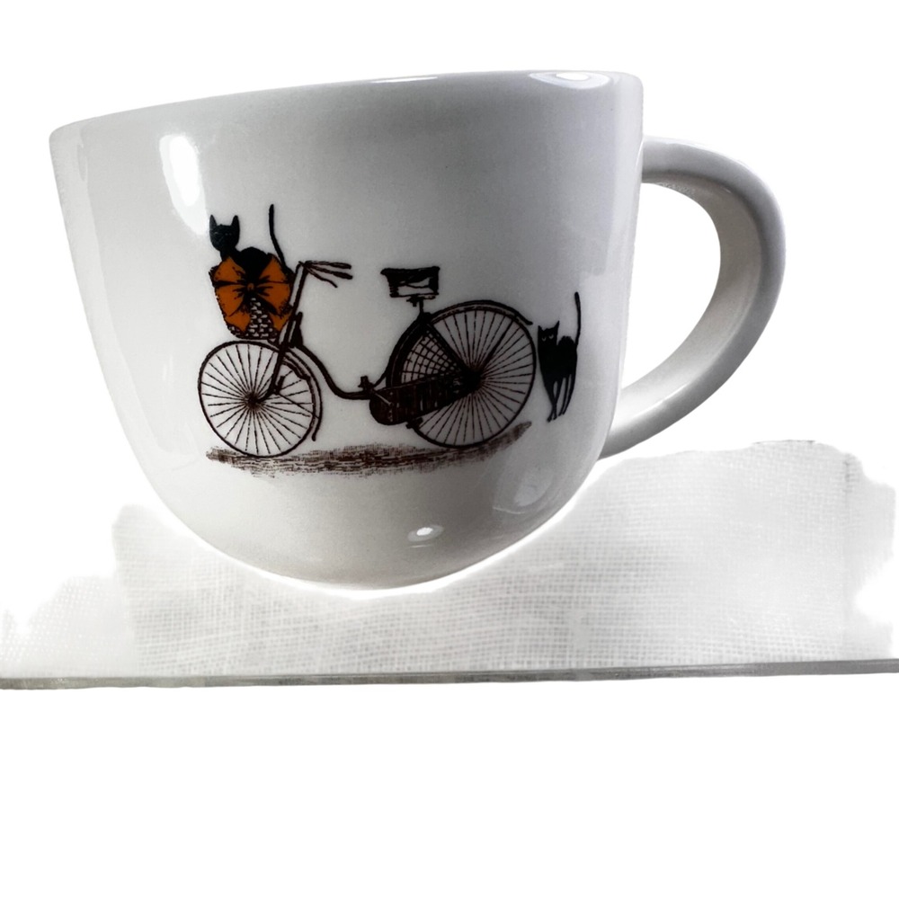 Rae Dunn Artisan Collection Black Cat Bicycle Mug Orange Interior White Ceramic